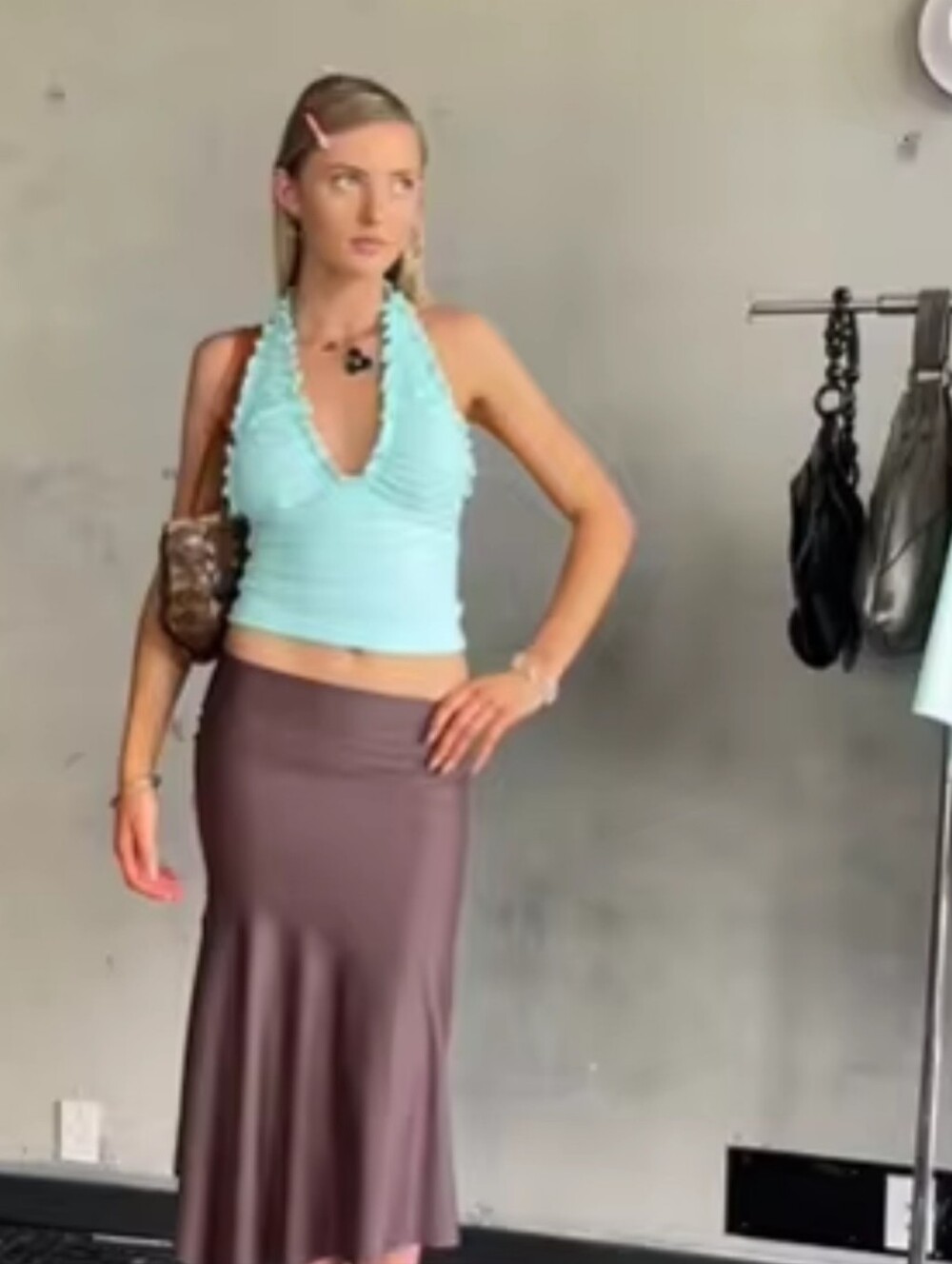 Women's Turquoise Halter Tops Ruffled Trim V-neck Ruched Slim Fit Casual - Picture 3 of 12